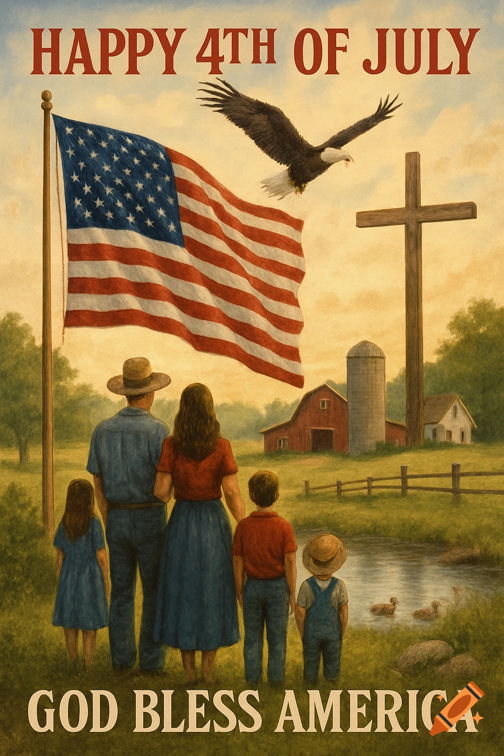 A family stands facing away, looking at a farm scene with an American flag, bald eagle, and a cross. Text reads 'HAPPY 4TH OF JULY' and 'GOD BLESS AMERICA'.