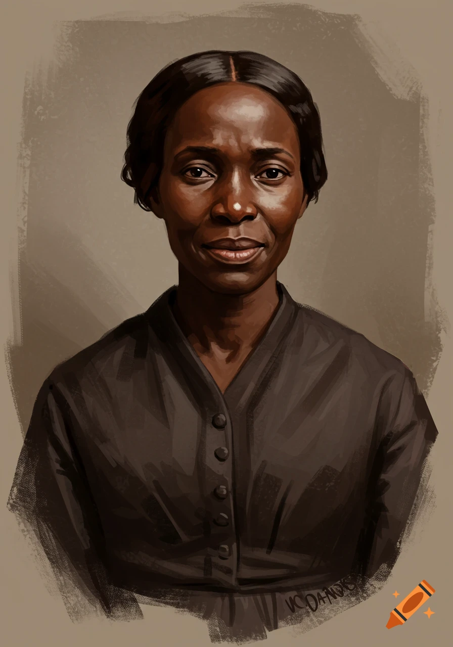Painterly portrait of Harriet Robinson Scott, an African American woman with dark hair, wearing a dark dress, against a muted background.