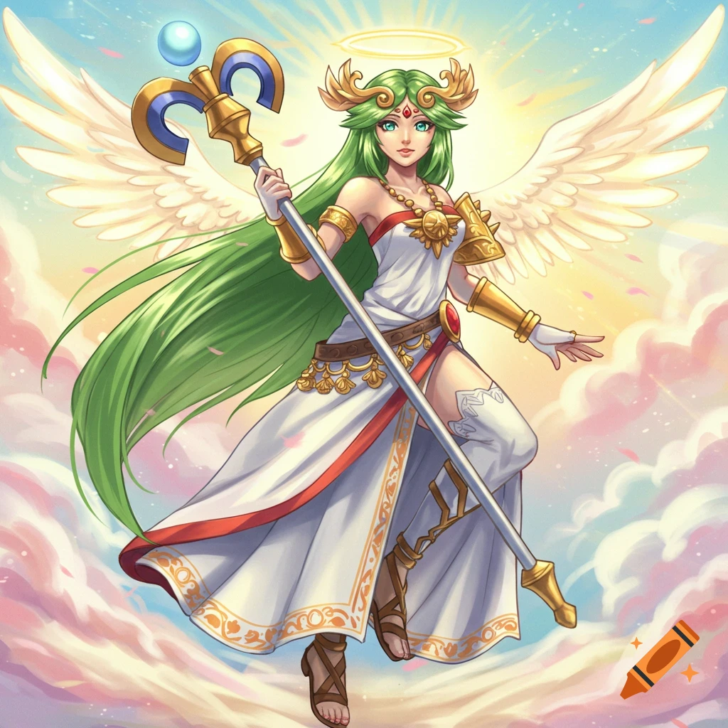 Anime illustration of the goddess Palutena with green hair and white wings, holding a staff in a heavenly sky.