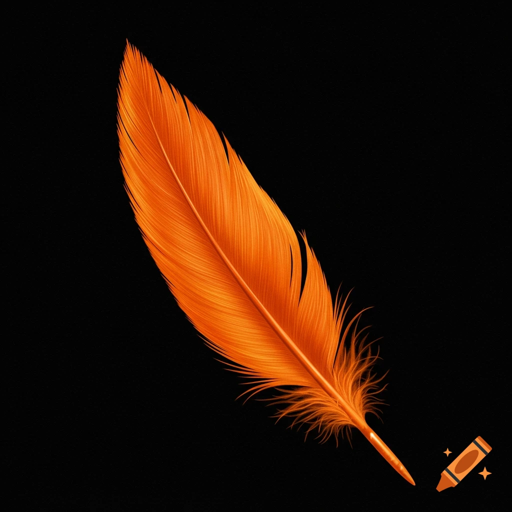 A vibrant orange feather with fine details and a pointed tip, set against a dark background.