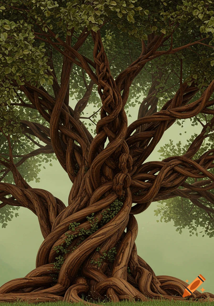 A large tree with a thick, gnarled, interwoven trunk and green leaves, set against a light green, misty background.