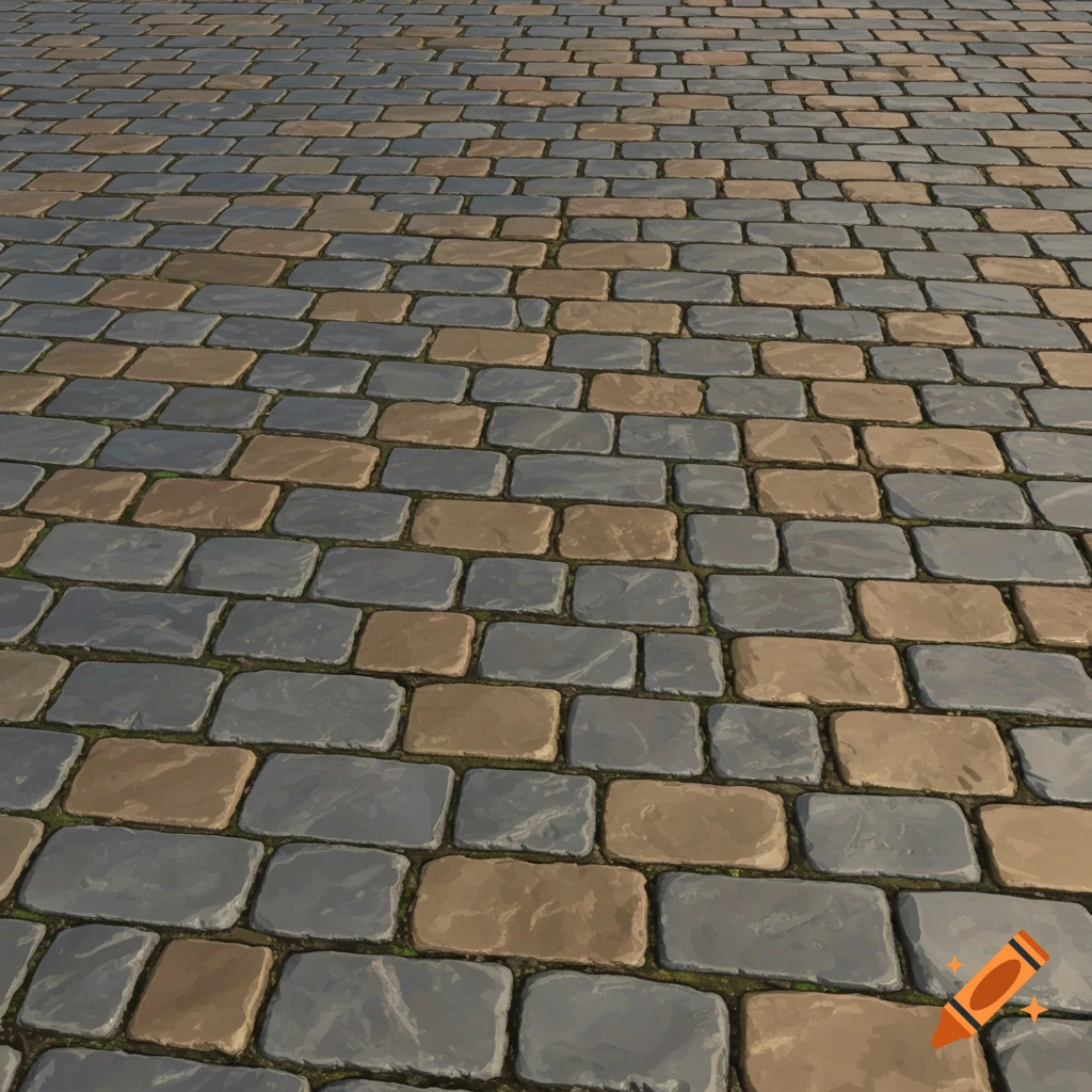 A close-up view of a cobblestone path made of grey and tan stones with moss in the cracks.