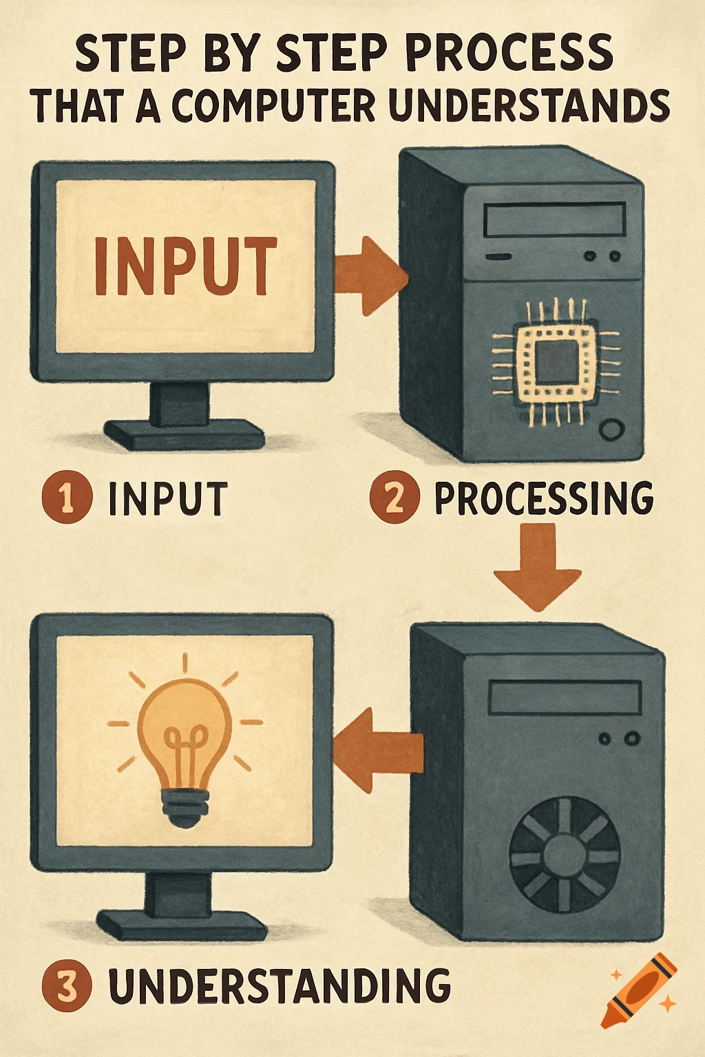 A step-by-step diagram illustrating a computer's input, processing, and understanding stages with a monitor and CPU tower.