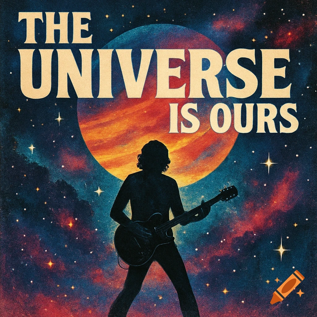 A retro-style album cover featuring a silhouette of a guitarist against a vibrant space background with a large planet and stars. The text 'THE UNIVERSE IS OURS' is at the top.