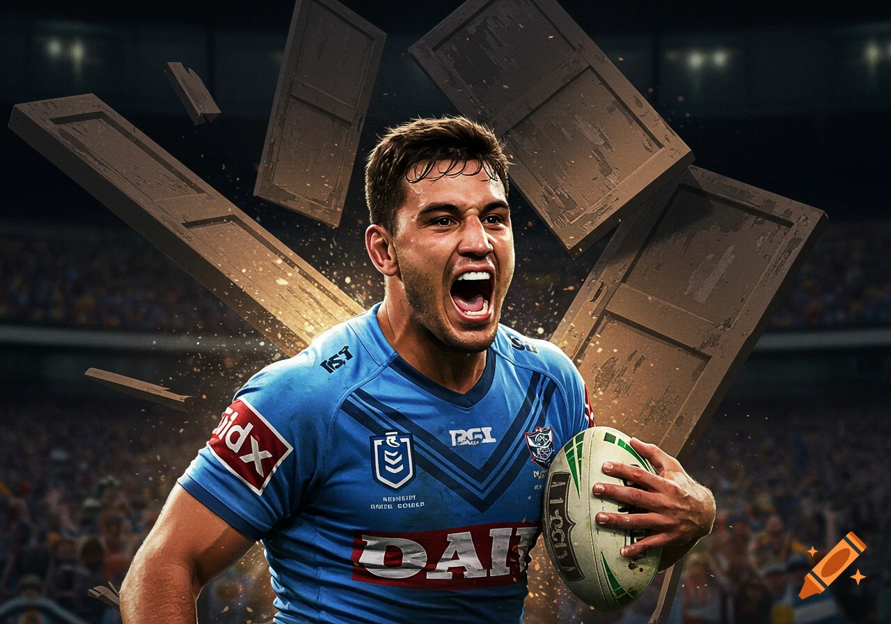 A photorealistic image of a rugby player in a blue jersey, shouting, holding a ball, with wooden doors exploding around him in a stadium.