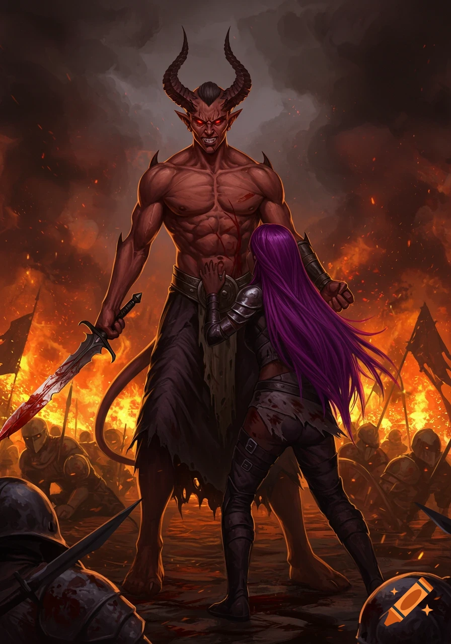 A tall red demon with horns and a bloody sword confronts a purple-haired woman in armor on a fiery battlefield.