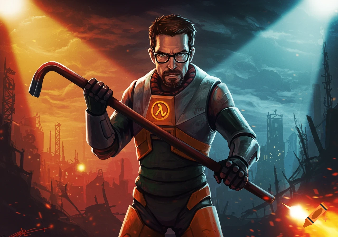 Gordon Freeman holds a crowbar in a ruined city under orange and blue light, digital art style.