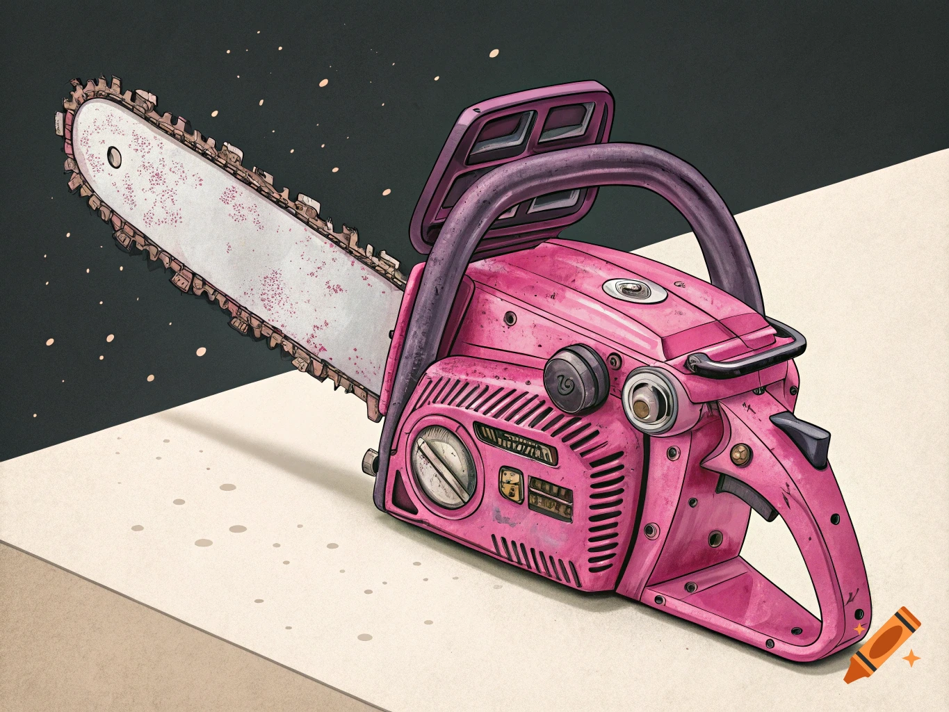 A vibrant pink chainsaw with a long blade, rendered in an illustrative style, rests on a light surface against a dark background.