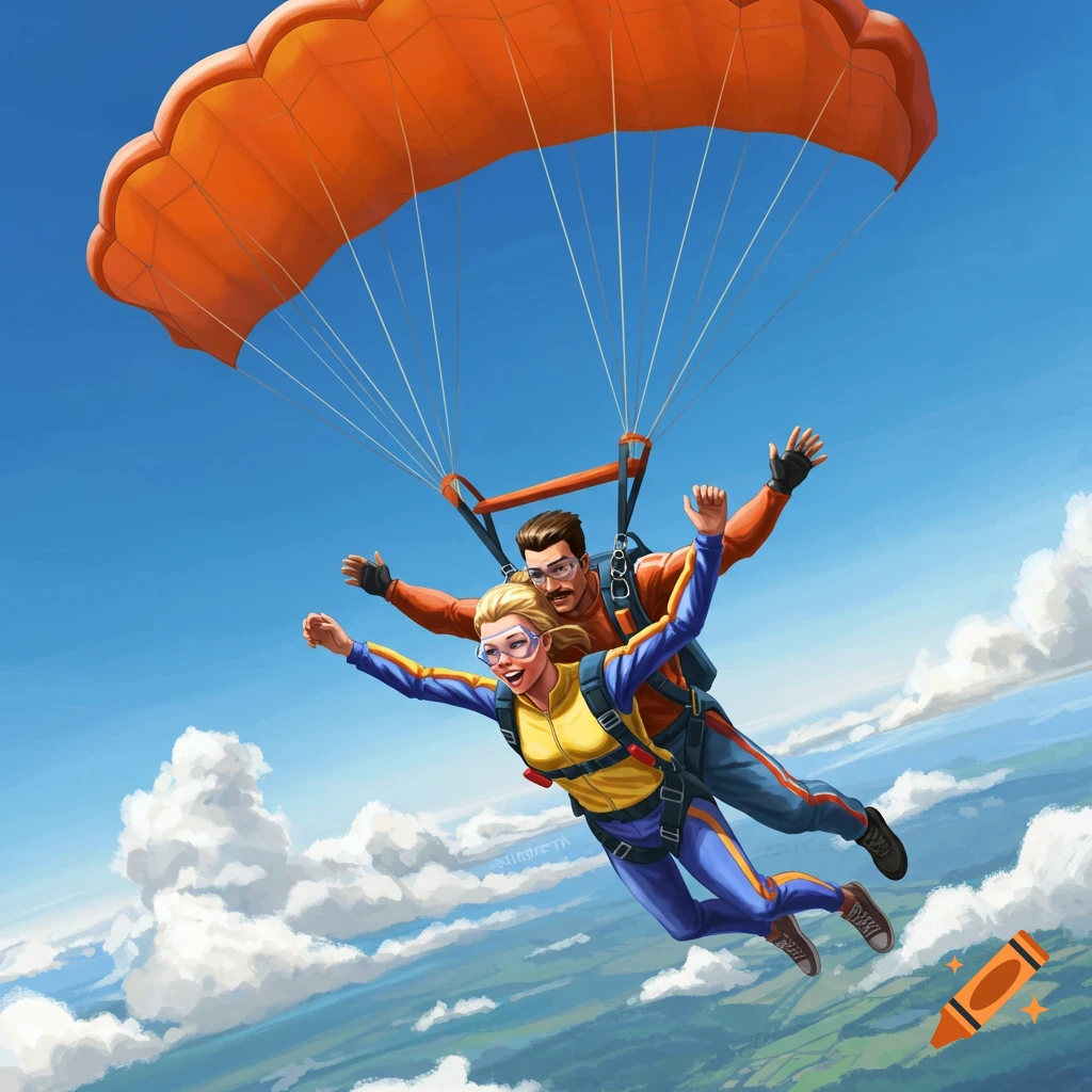 A man and a woman in full gear smiling during a tandem parachute jump high in a clear blue sky.