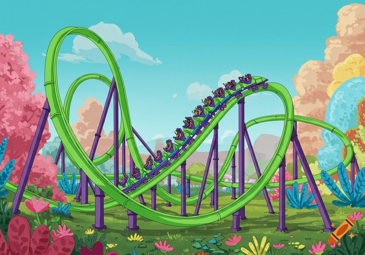 A vibrant green and purple roller coaster with multiple loops and twists, full of riders, set in a whimsical cartoon landscape with colorful trees and flowers under a bright blue sky.