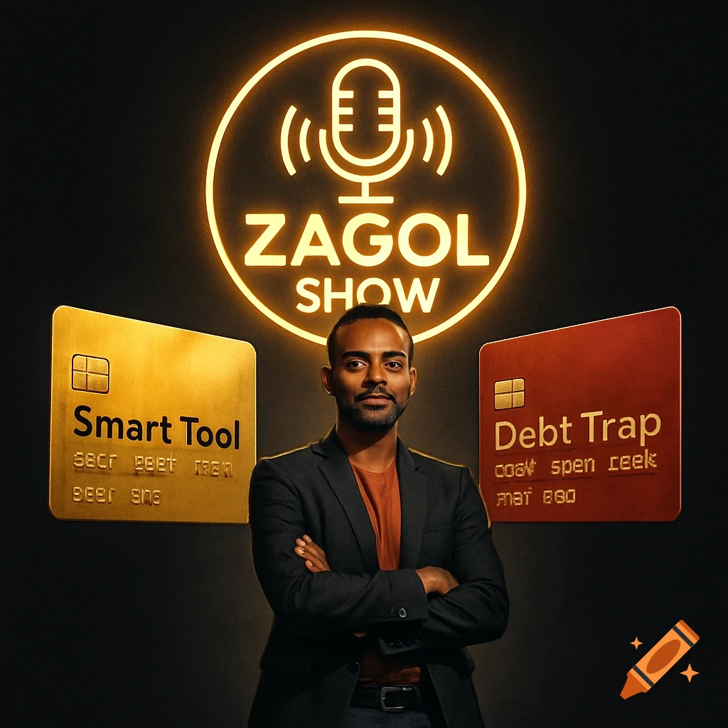 A confident Ethiopian man stands between a gold "Smart Tool" card and a red "Debt Trap" card under a glowing "ZAGOL SHOW" podcast logo.