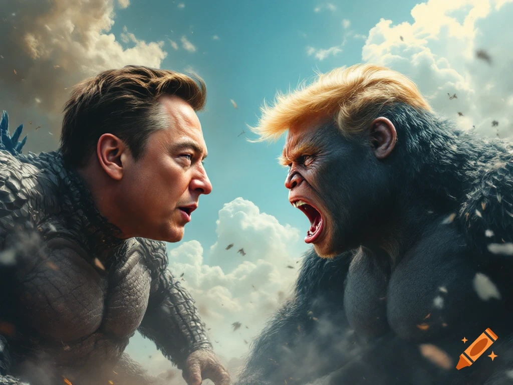 Photorealistic image of Elon Musk as Godzilla facing off against Donald Trump as King Kong under a dramatic sky.