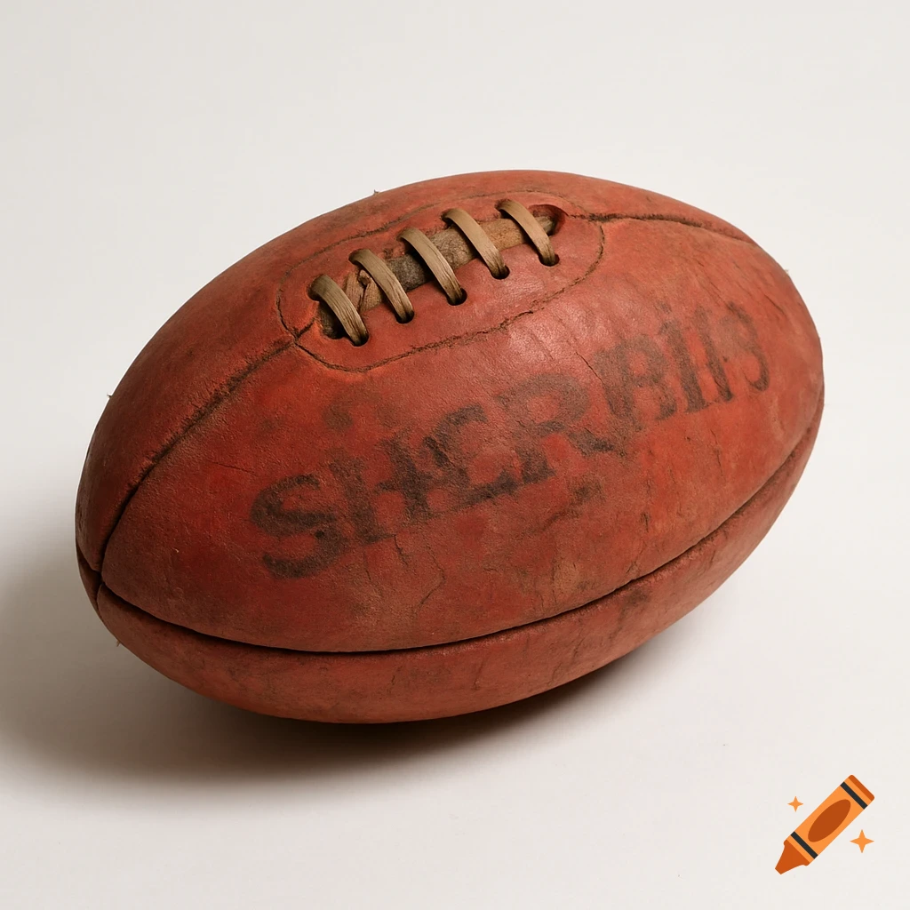 A worn-out, disheveled red Australian rules football with faded text 'SHERINS' and scuff marks, sitting on a white background.