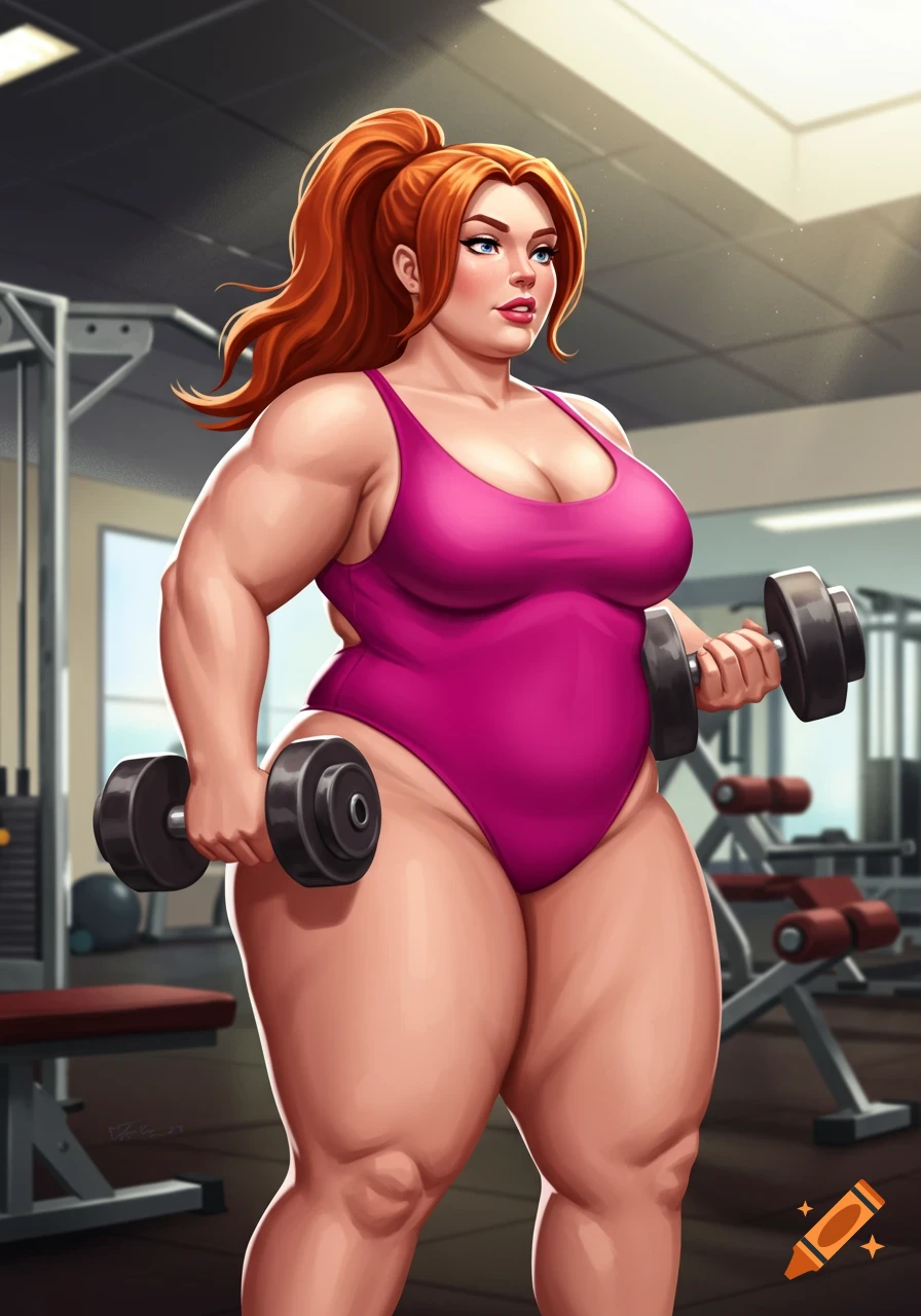 A muscular, curvy woman with ginger hair in a pink leotard holds dumbbells in a gym.