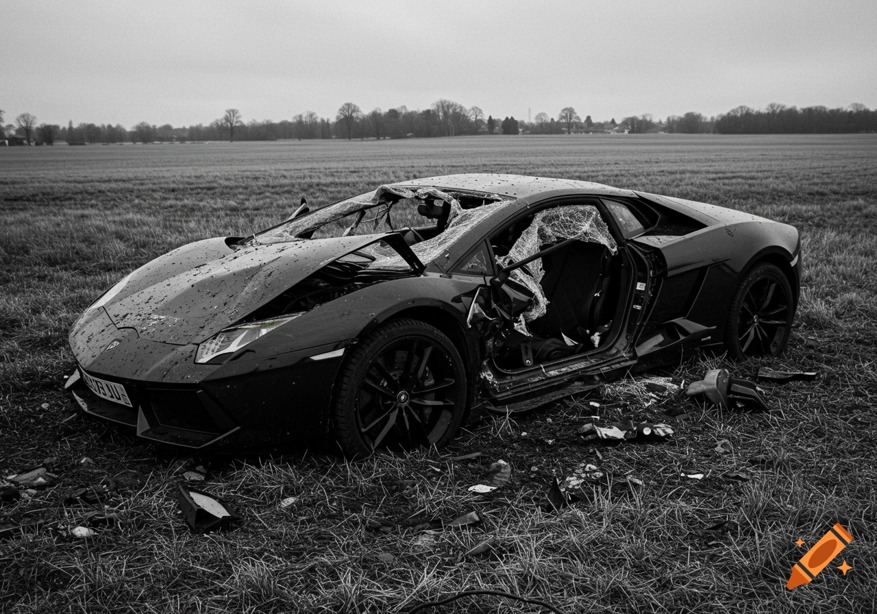 Black and white photorealistic image of a heavily crash-damaged black Lamborghini supercar abandoned in a grassy field.