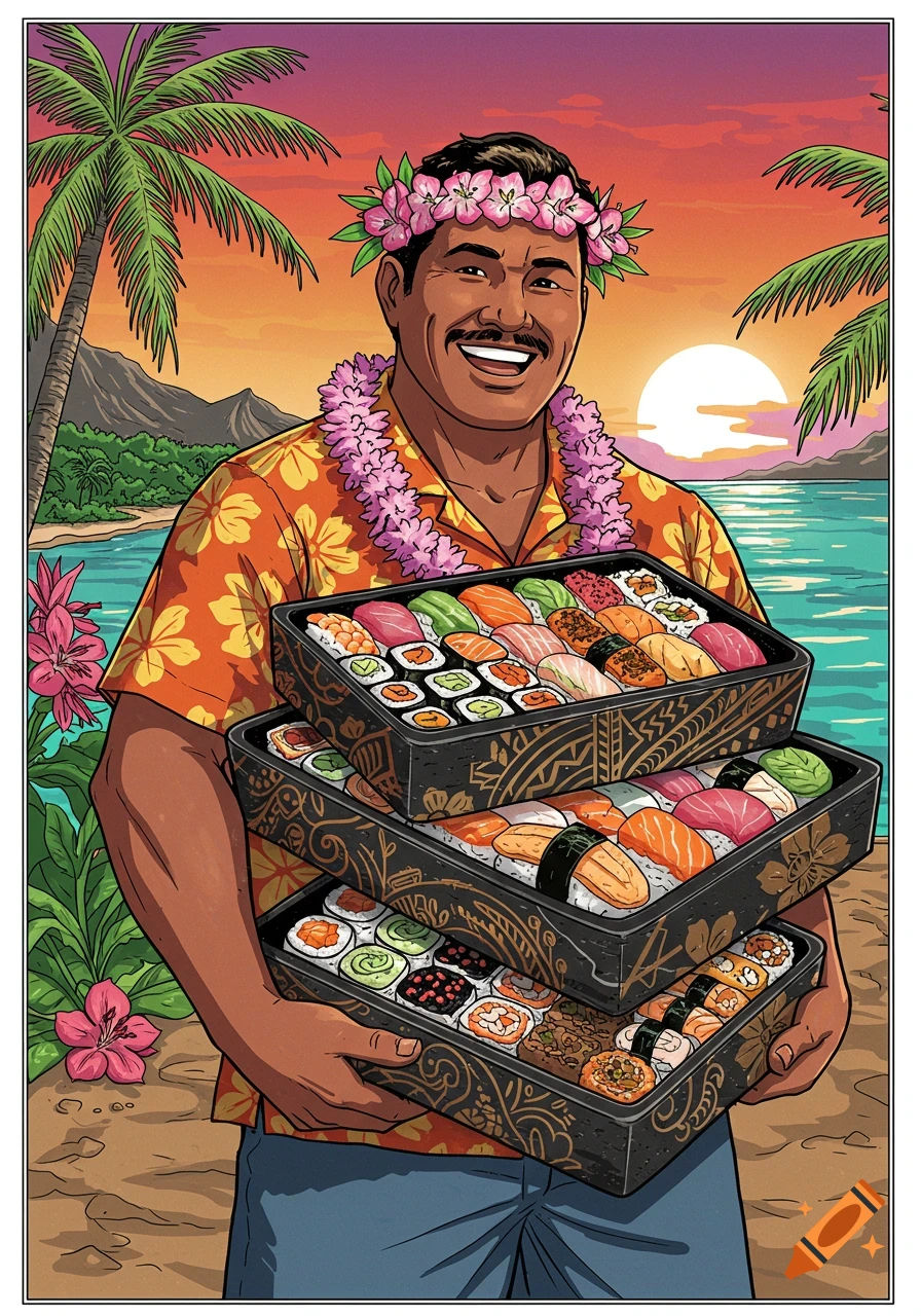 Illustrated Hawaiian man in a lei and floral shirt carrying three stacked sushi boxes on a tropical beach at sunset.