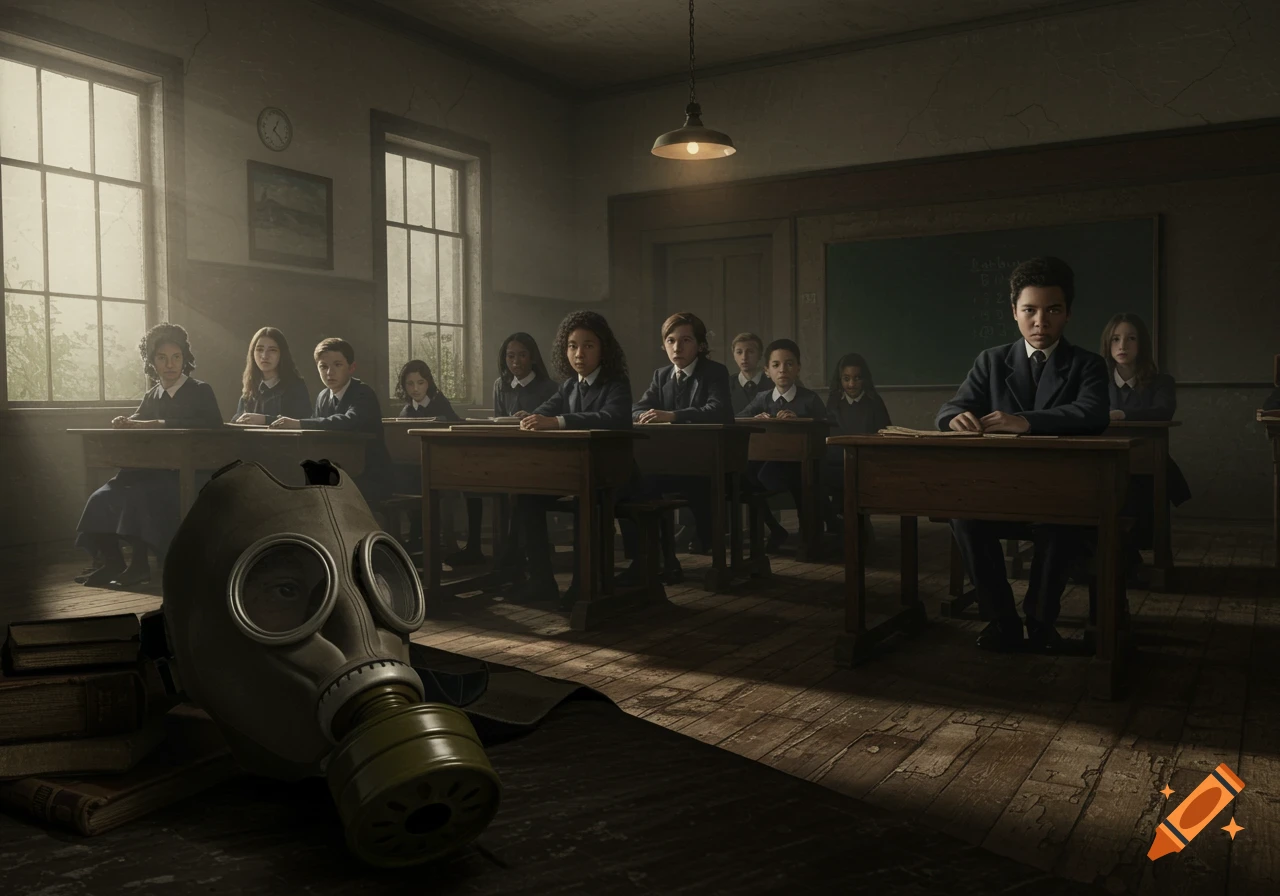 Students in dark uniforms sit at wooden desks in an eerie, dimly lit 1800s classroom, with a gas mask in the foreground.