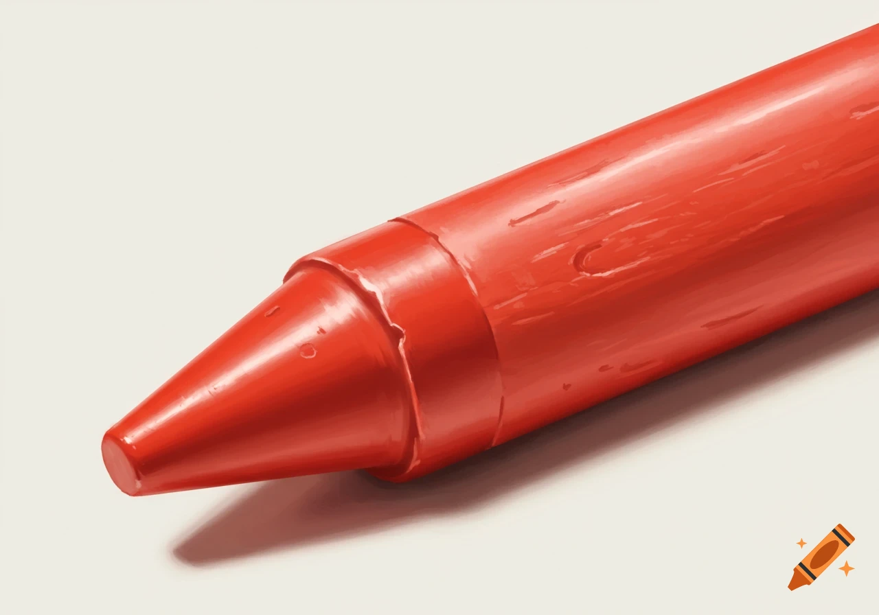 A close-up, slightly angled view of a vibrant red crayon against a light background.