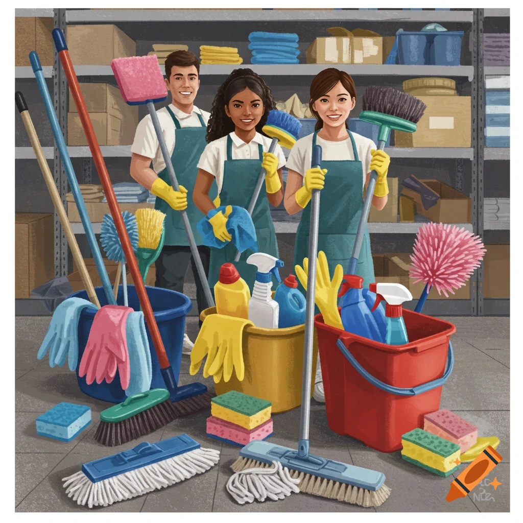 Three smiling cleaners, a man and two women, stand in a storage room surrounded by cleaning supplies and tools.