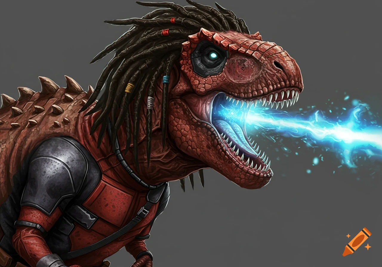 A detailed red T-Rex with dreadlocks and cybernetic eye, wearing a red and black armored costume, breathing a bright blue atomic beam from its mouth, on a gray background.