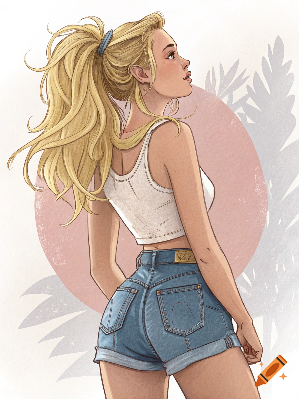 Illustrated blonde girl in a white tank top and jean shorts, looking over her shoulder, with a pink circle and leaves in the background.