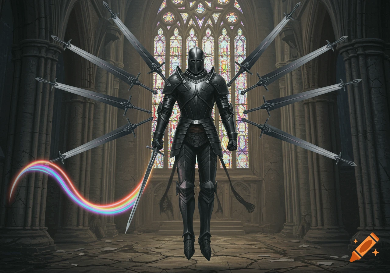 A black armored knight floats in a ruined cathedral, surrounded by floating swords, with a rainbow arc extending from his sword.