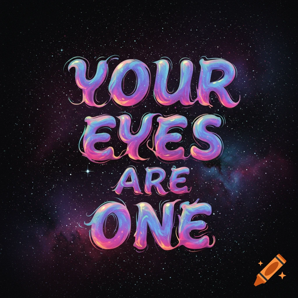 Bubbly, iridescent text 'YOUR EYES ARE ONE' against a dark cosmic background with stars and nebulae.