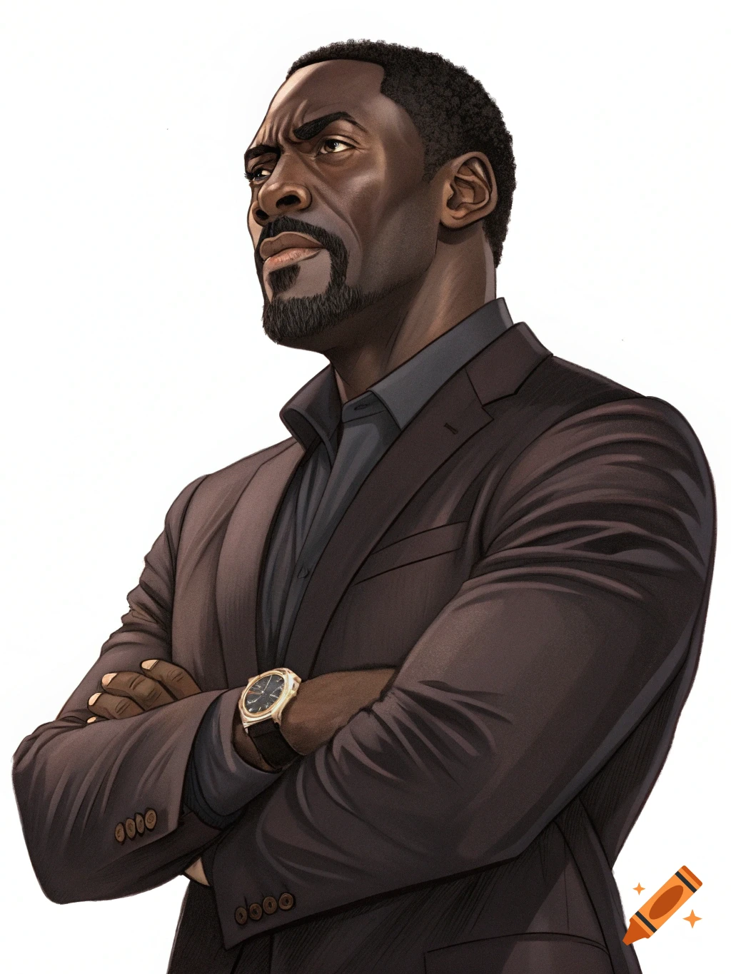 An illustrated portrait of a dark-skinned man with a goatee in a dark suit with crossed arms, looking intently to the side.