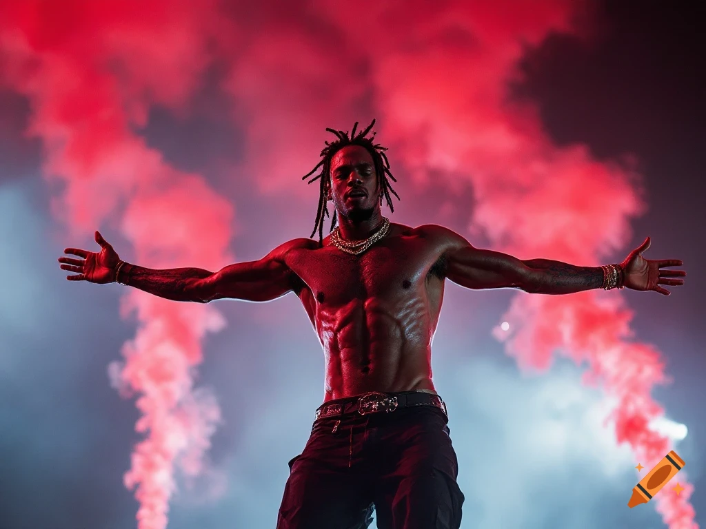Shirtless Travis Scott on stage with arms outstretched, surrounded by dramatic red smoke.