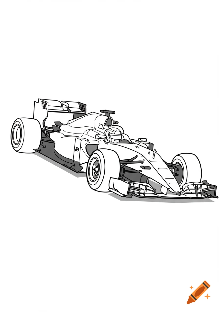 A black and white line drawing of a Formula One race car.