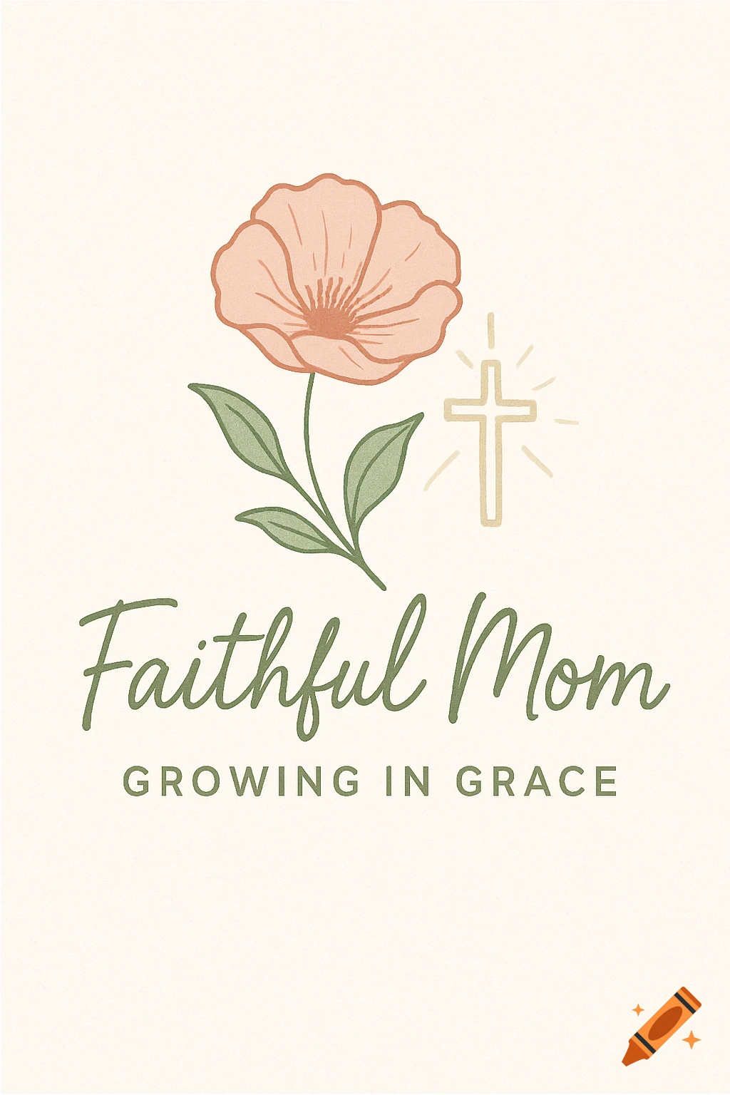 A stylized peach flower with green leaves, a beige cross with light rays, and the text 'Faithful Mom GROWING IN GRACE' on a cream background.
