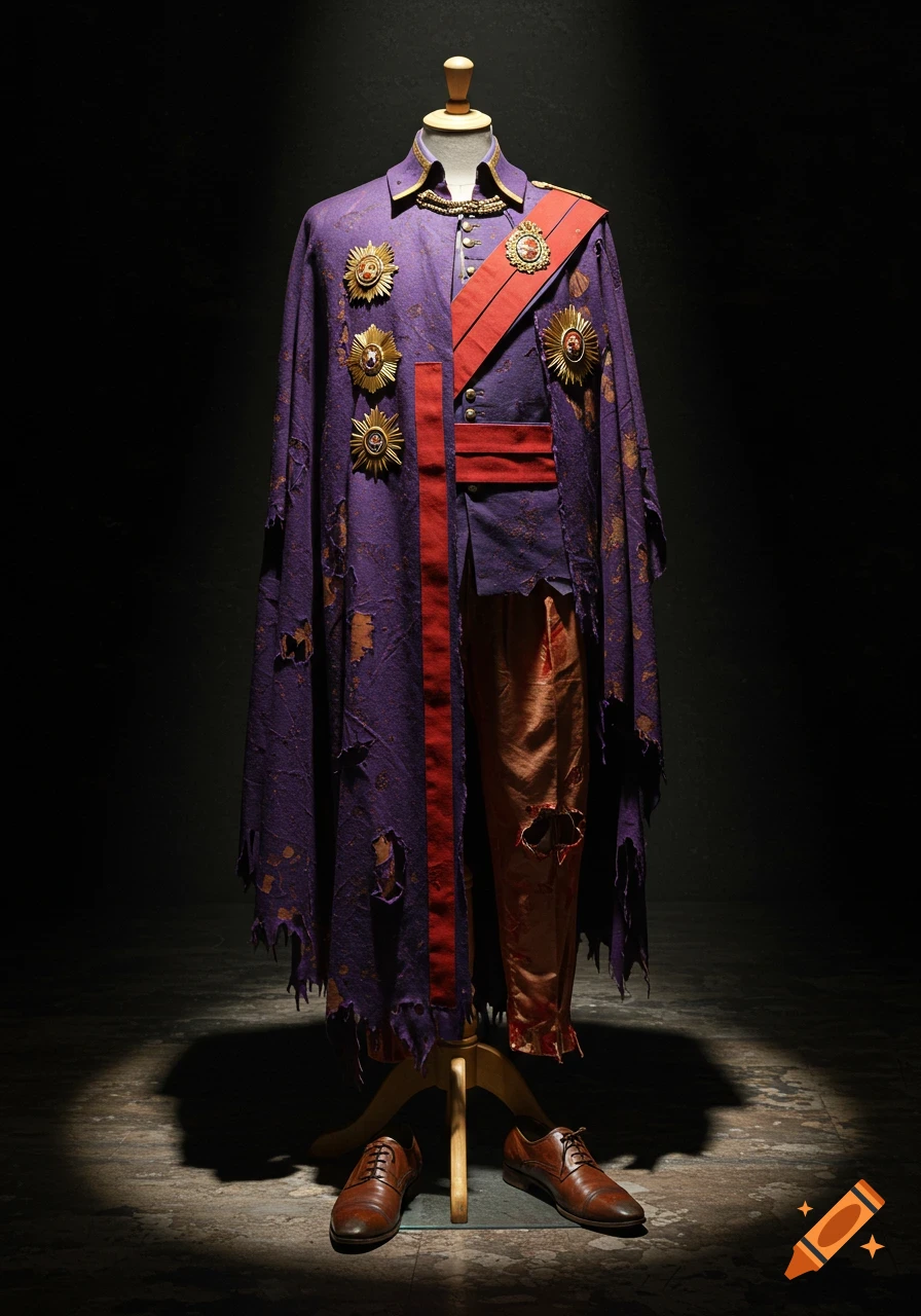 A mannequin displays a damaged royal uniform: purple cloak with gold badges and red stripes, torn brown trousers, and leather shoes.