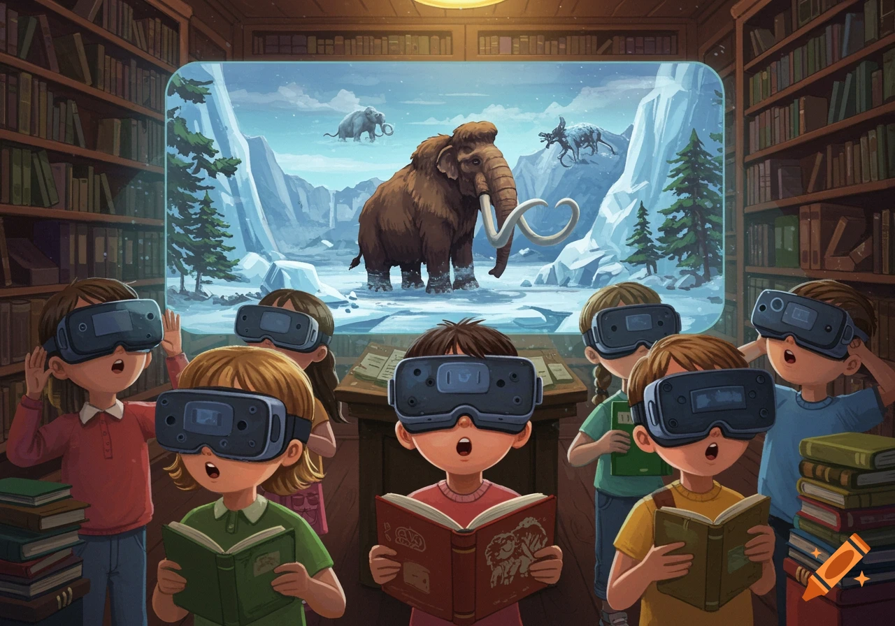 Children wearing VR headsets in a library read books while a projection of a woolly mammoth in the Ice Age appears.