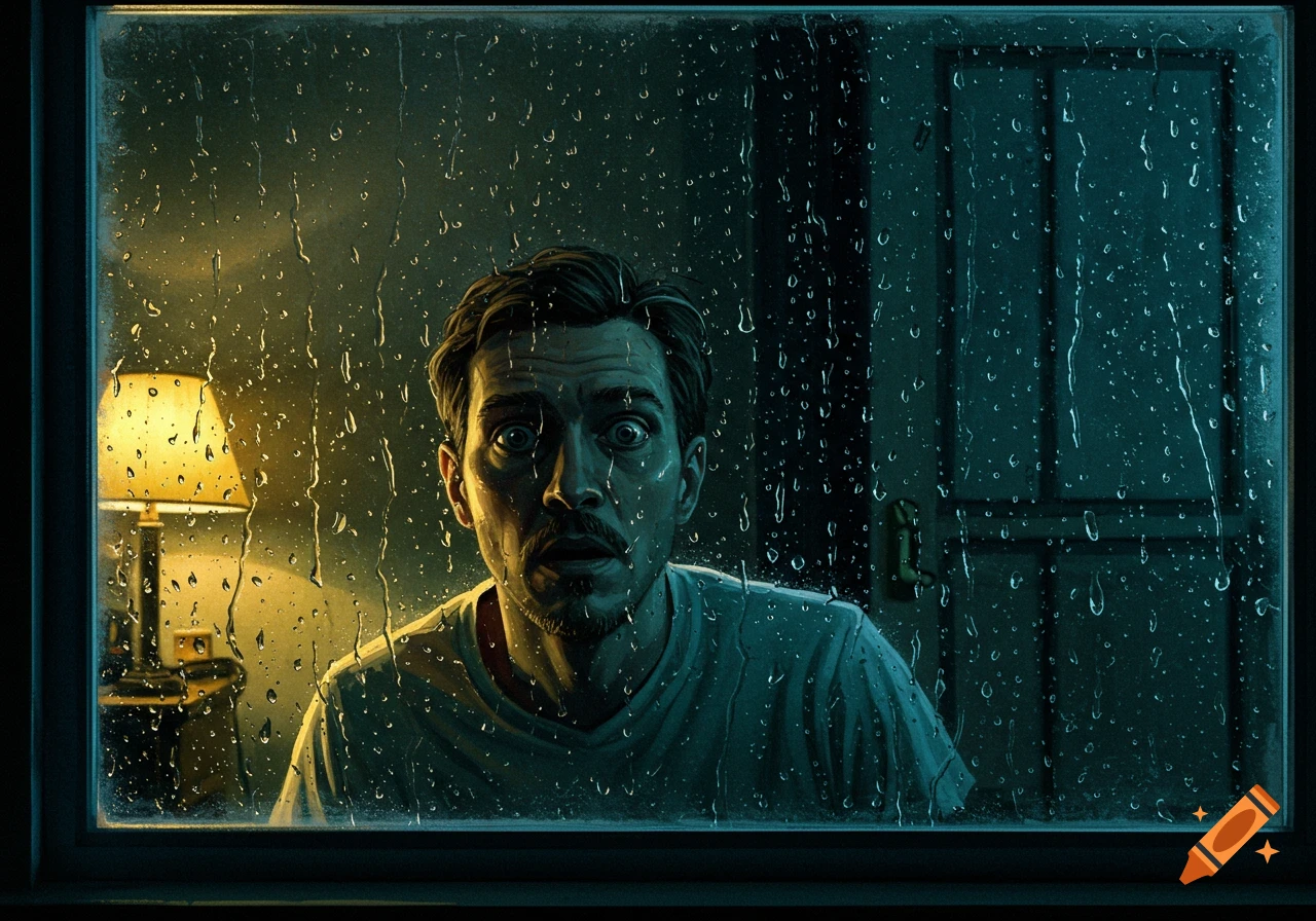 A man with wide, startled eyes looks through a rain-streaked window from a dimly lit room with a lamp.