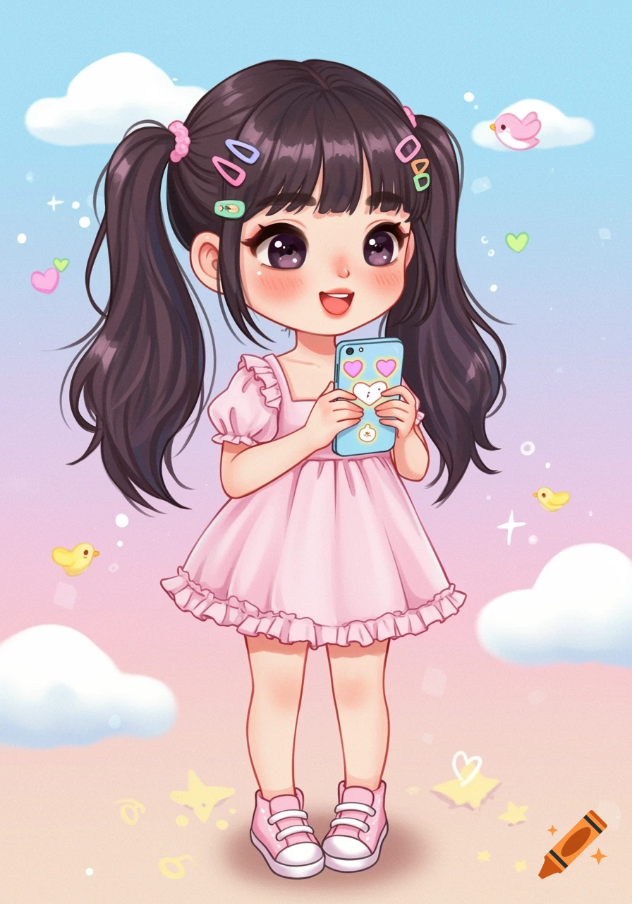 A cute chibi girl with pigtails and a pink dress stands holding a phone ...