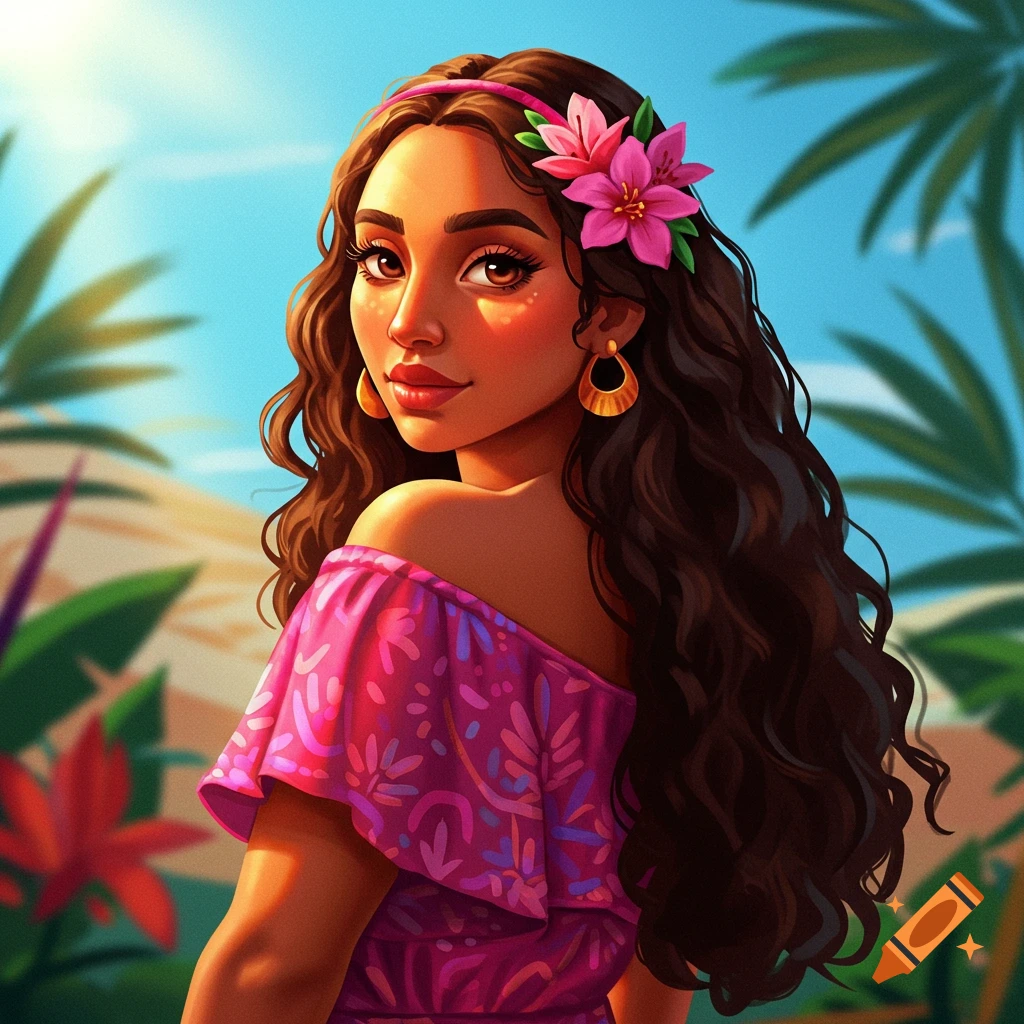 Stylized illustration of a smiling Latina woman with long curly hair and a pink flower, wearing a pink dress, in a tropical setting.