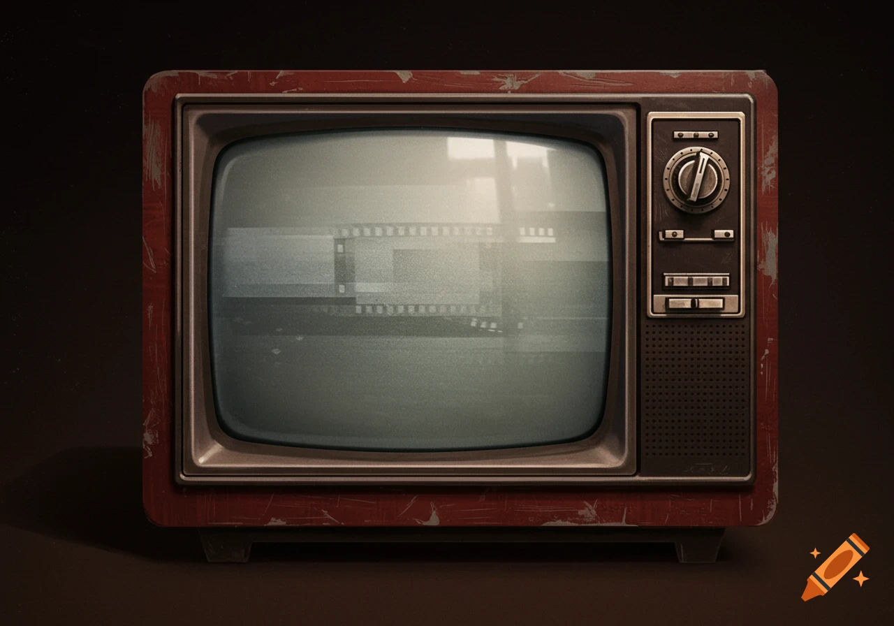 A vintage television set with a dark red wooden case and a static screen displaying a faint film strip overlay. It has metal control knobs and buttons on the right side.
