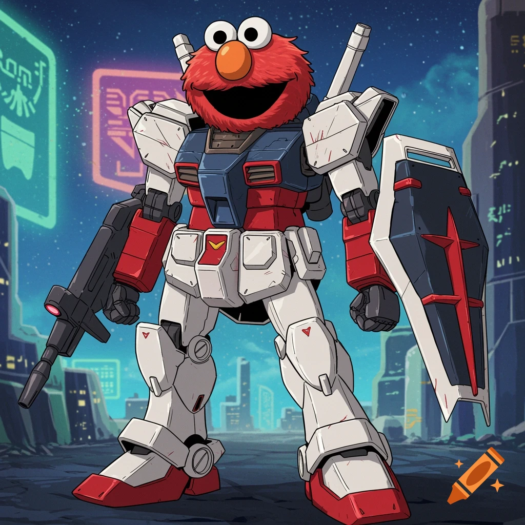 Elmo's head on a Gundam robot body holding a rifle and shield in a futuristic city.