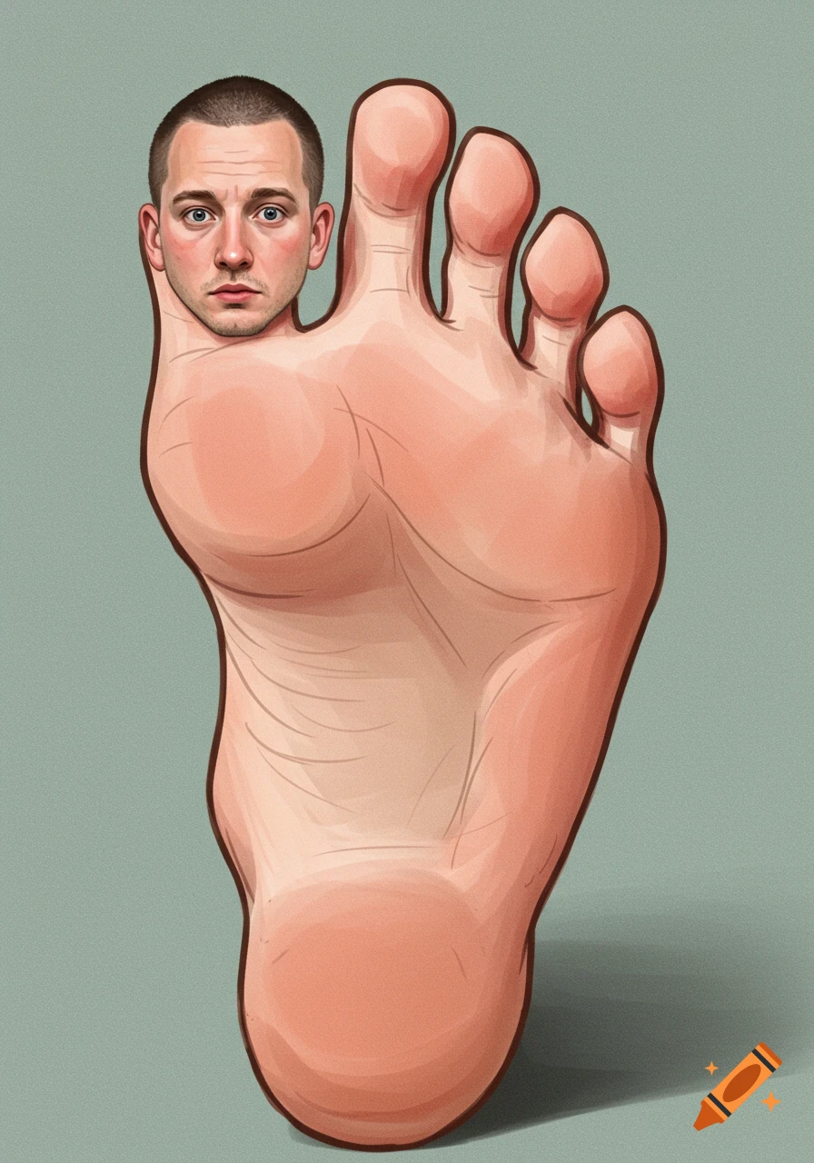 An illustration of a large human foot with a man's face and buzzed hair where the big toenail should be, against a grey-green background.