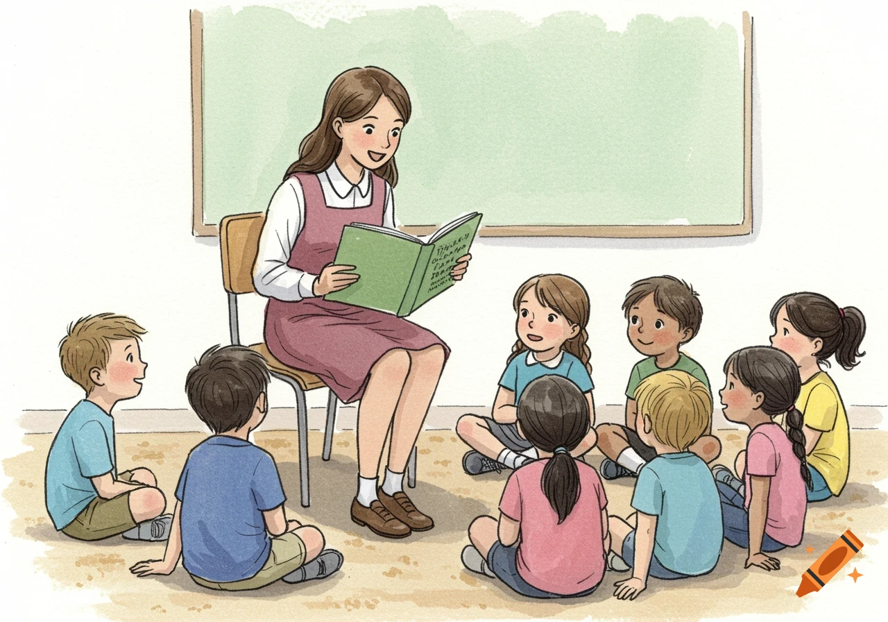 An illustration of a young teacher sitting on a chair, reading a book to a group of children sitting on the floor, in a watercolor sketch style.