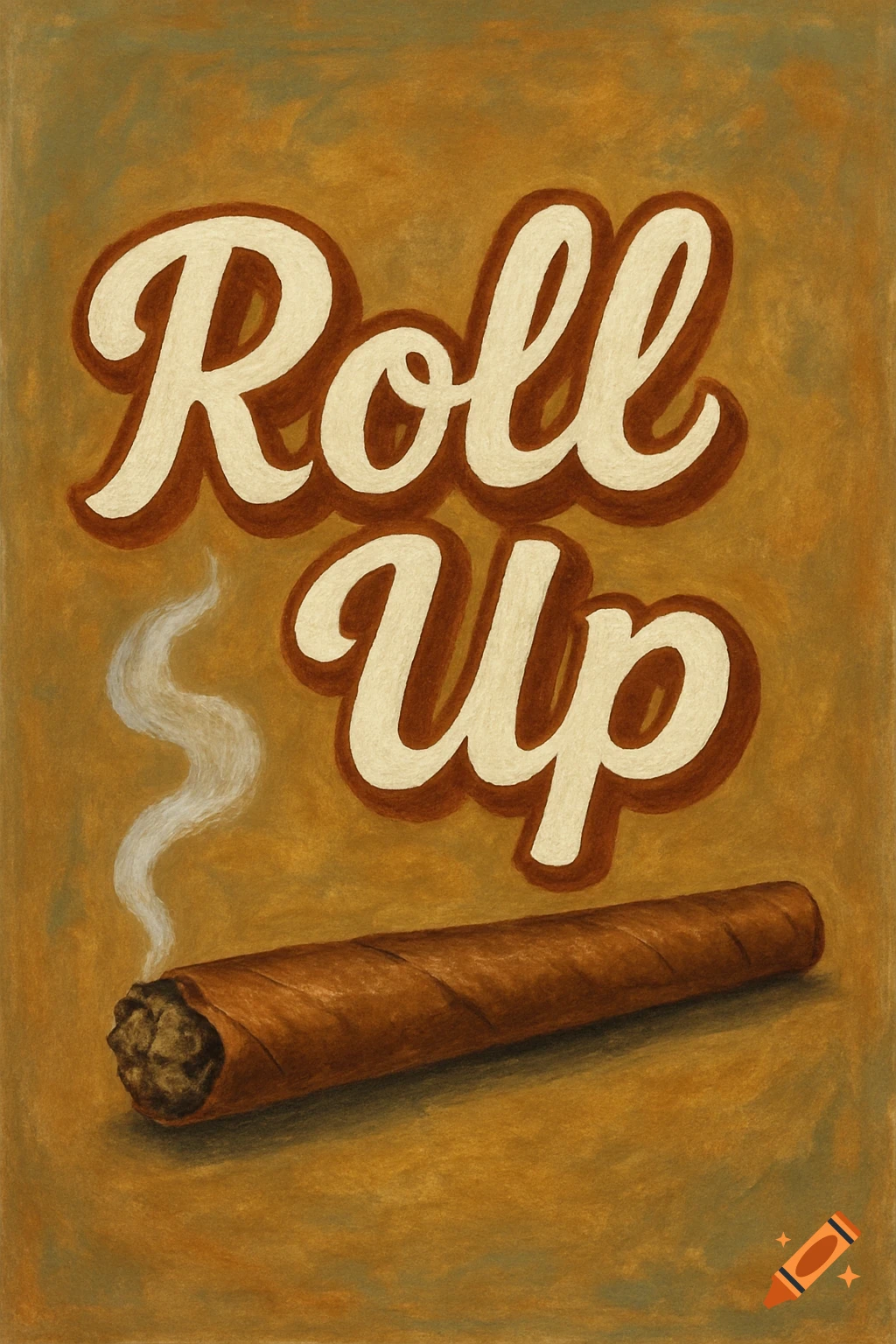 A vintage-style painterly image with the words 'Roll Up' in a white and brown script font above a lit, smoking cigar.