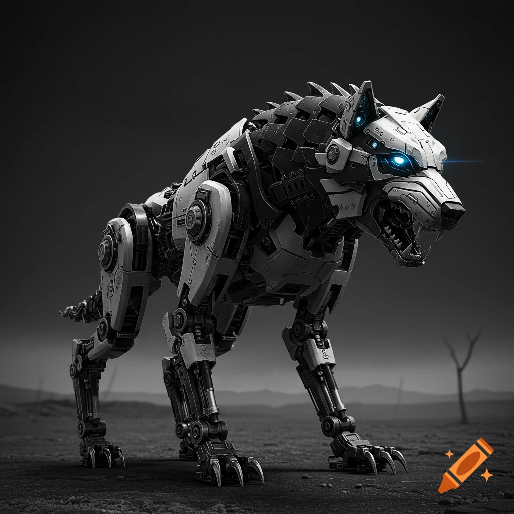 A black and white photorealistic robot dire wolf with glowing blue eyes stands in a desolate landscape.