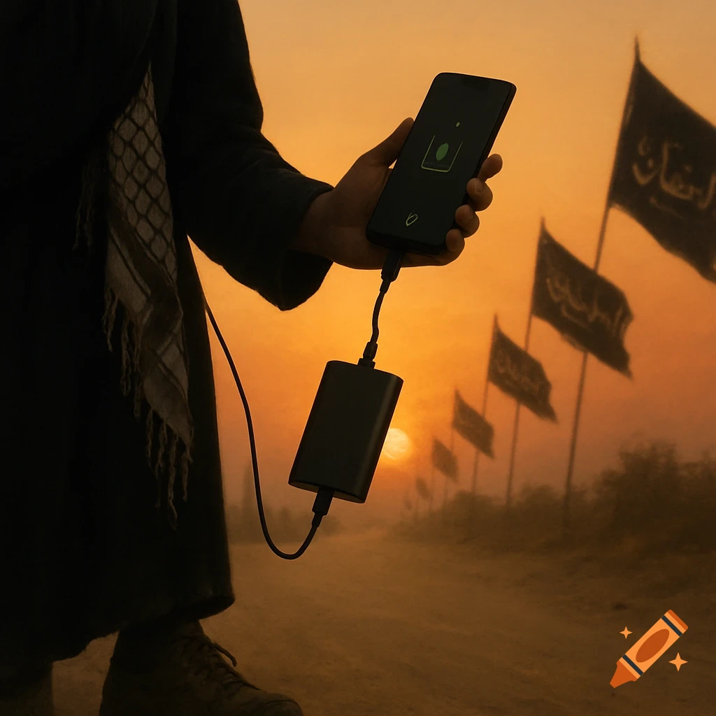 A person holds a smartphone connected to a power bank, silhouetted against a dusty road with flags at sunset.