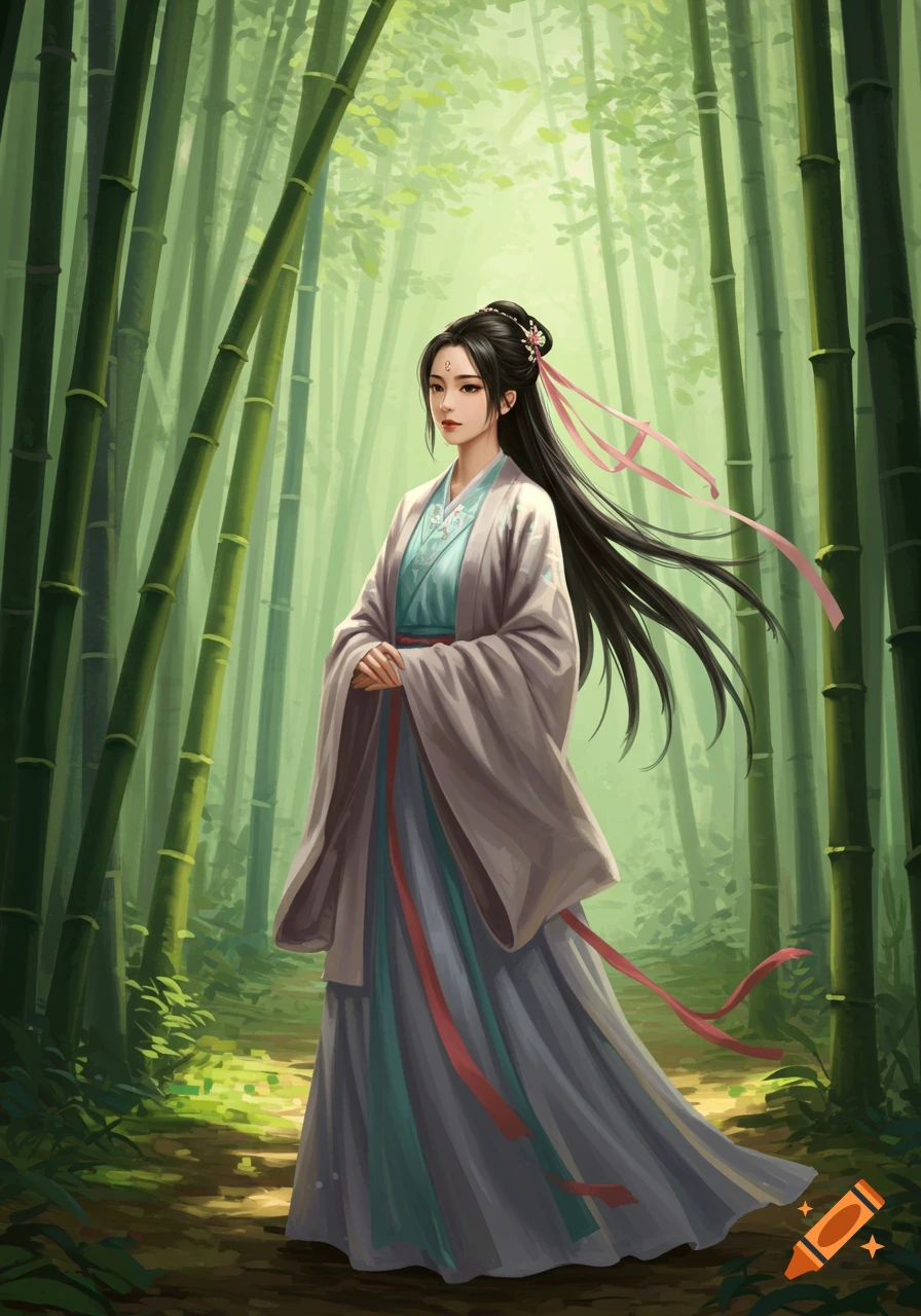 A beautiful Asian woman in traditional Chinese Hanfu stands gracefully in a bamboo forest with soft sunlight. She has long black hair with pink ribbons.