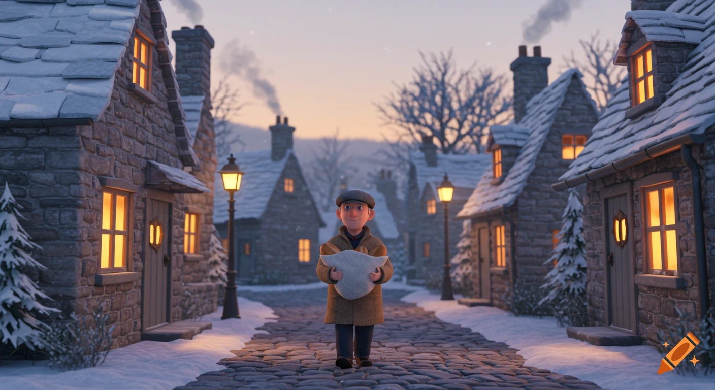 A kind-faced baker in a flat cap and coat walks through a snow-dusted cobblestone village street at dawn, carrying a wrapped loaf of bread, in a fluffy 3D animation style.