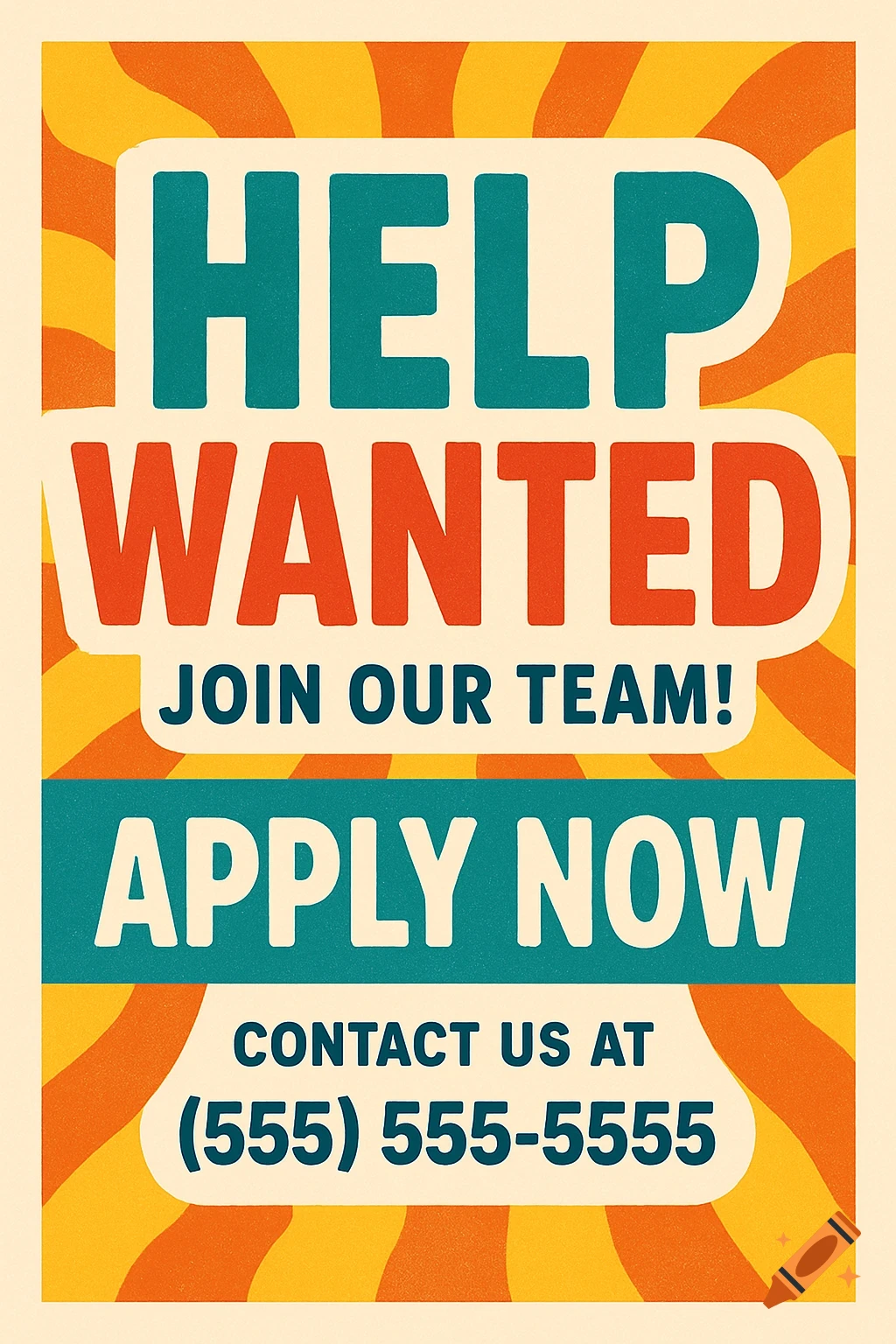 A colorful retro-style 'Help Wanted' job recruitment poster with large text.