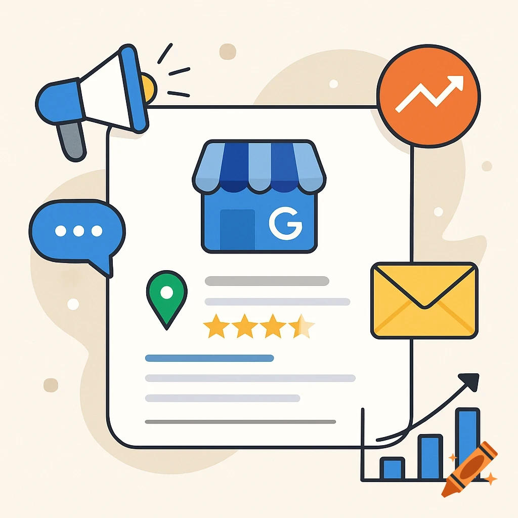 Flat illustration of Google Business Profile marketing, featuring a storefront with a 'G', megaphone, email, map pin, stars, and growth charts.
