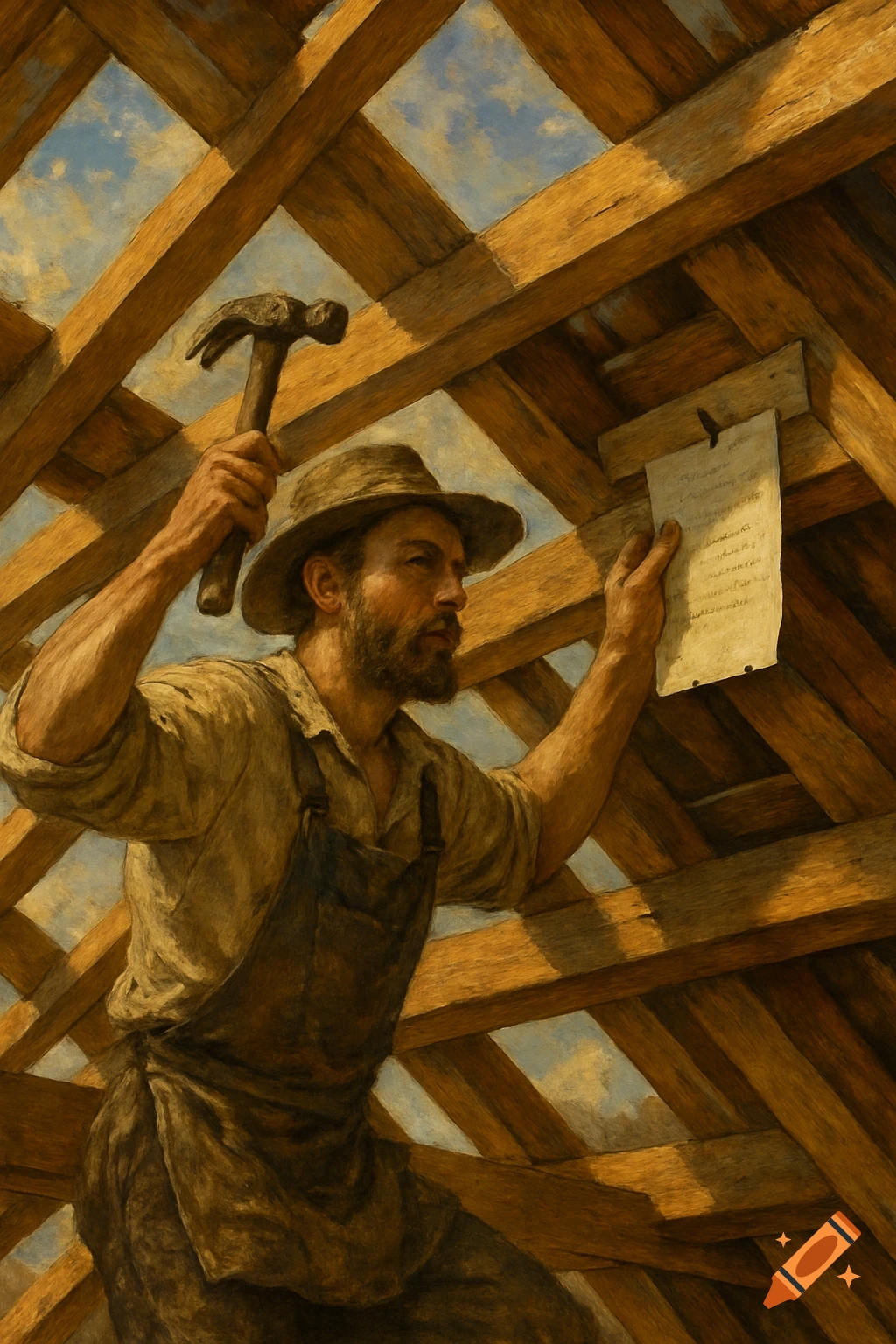 A bearded carpenter holds a hammer, looking at a paper sheet on a wooden roof frame under a blue sky, in a painterly style.