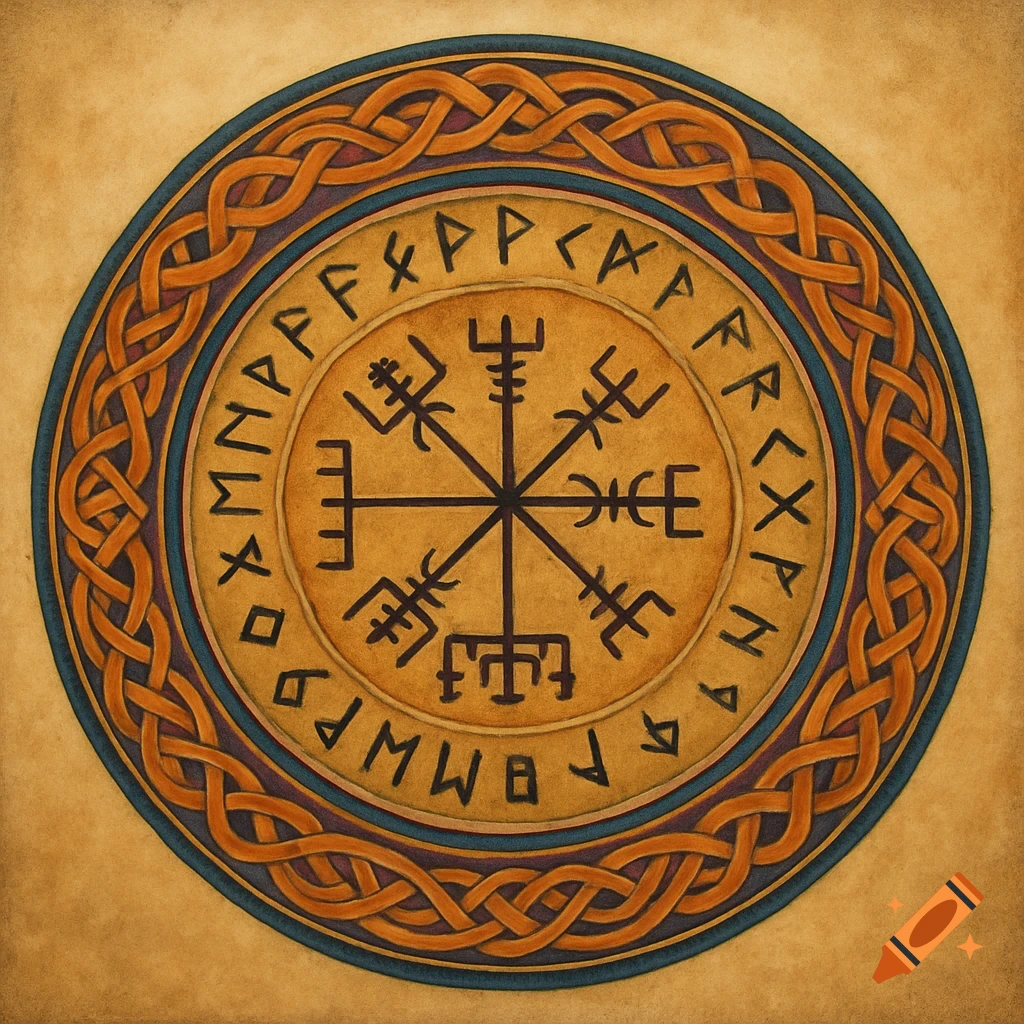 A circular Norse runic mandala with a central runic symbol, surrounded by a ring of runes and an outer band of intricate Celtic knotwork, on a textured parchment background.