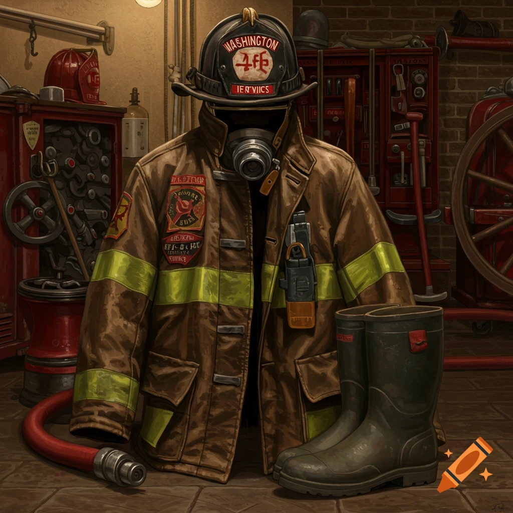 Old fire department gear, including a brown coat, black helmet, green boots, and a red hose, in a dimly lit fire station.